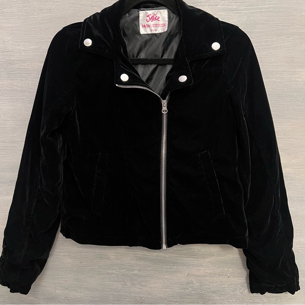 Justice Black Velvet Motercycle Style Jacket Girl’s 14/16 Like New‎
